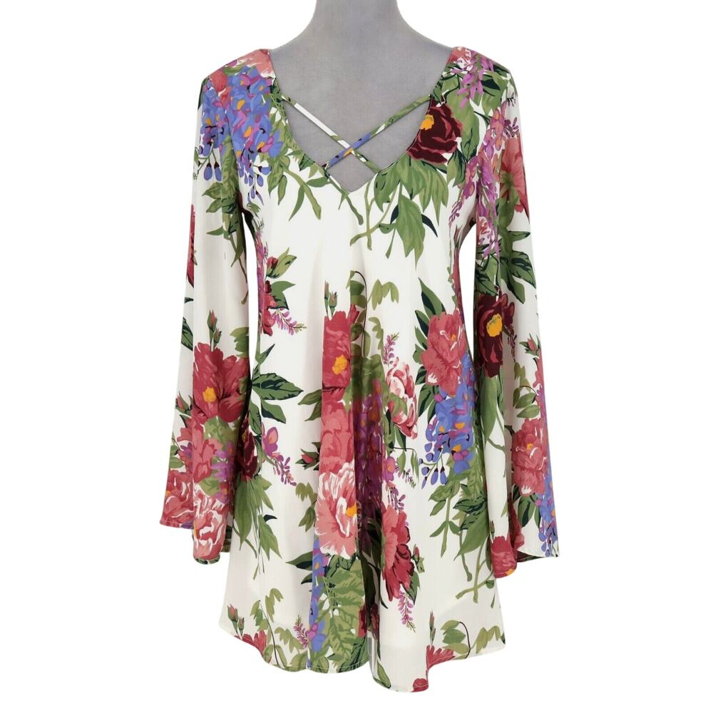 Show Me Your Mumu Top Womens Small White Pink Floral Tunic Lined Blouse Pullover